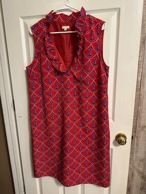Talbots Red Nautical Anchor Midi Dress with Blue Accents